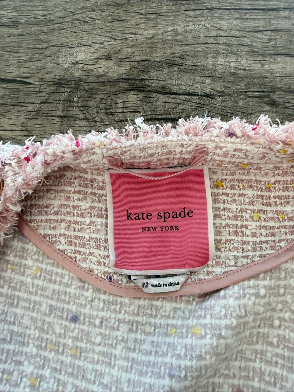 Kate Spade Pink Strawberry Tweed Pocket Open Front‎ Long Jacket Coat size 12